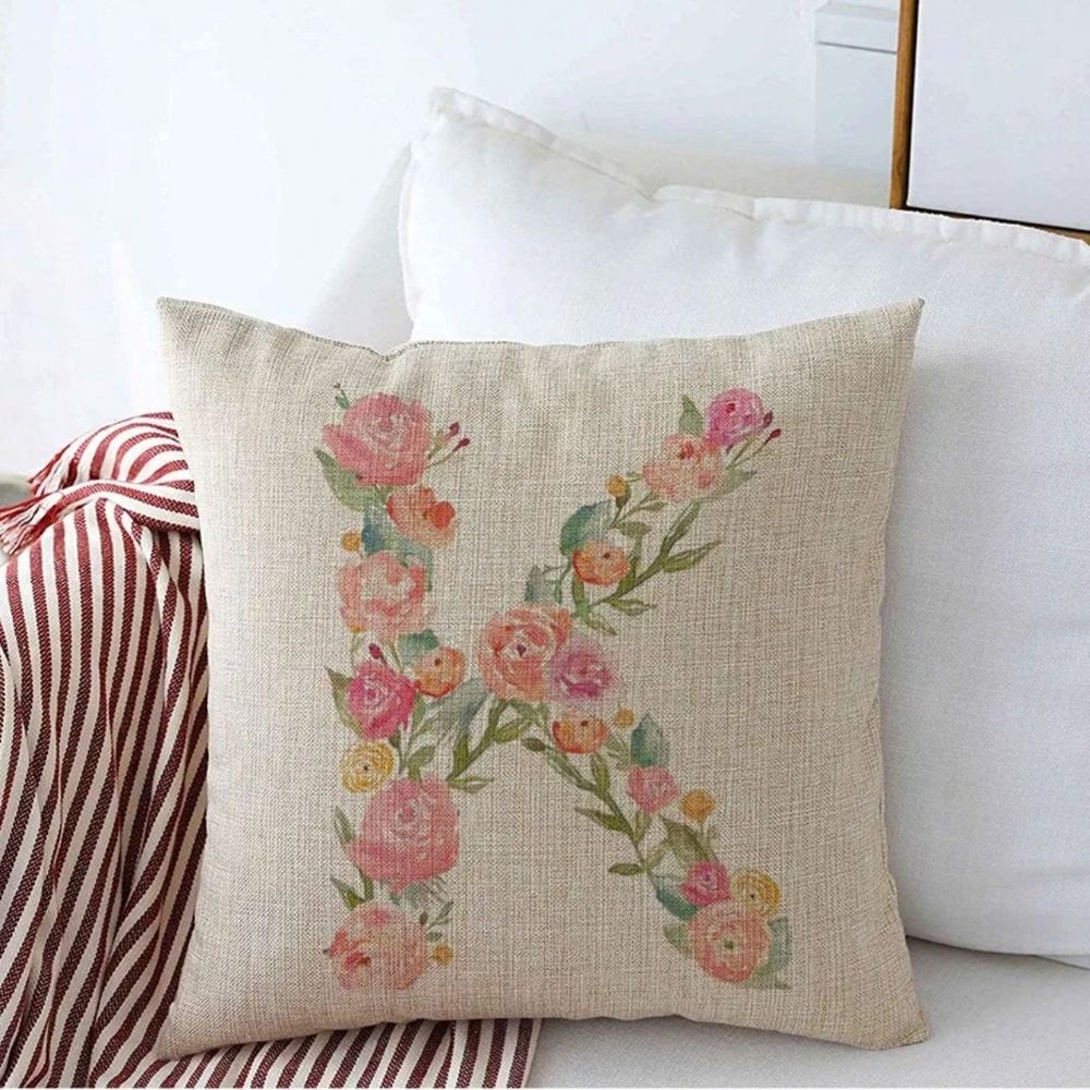 Floral Watercolor Monogram Decorative Square Linen Throw Pillow 18x18